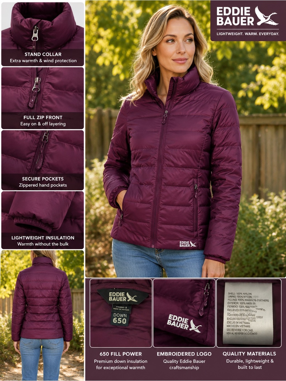 Eddie Bauer Women’s Packable Down Jacket Small 650 Fill Plum Lightweight